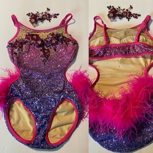 Glamour solo dance costume purple pink feather rhinestone jazz LC-large child